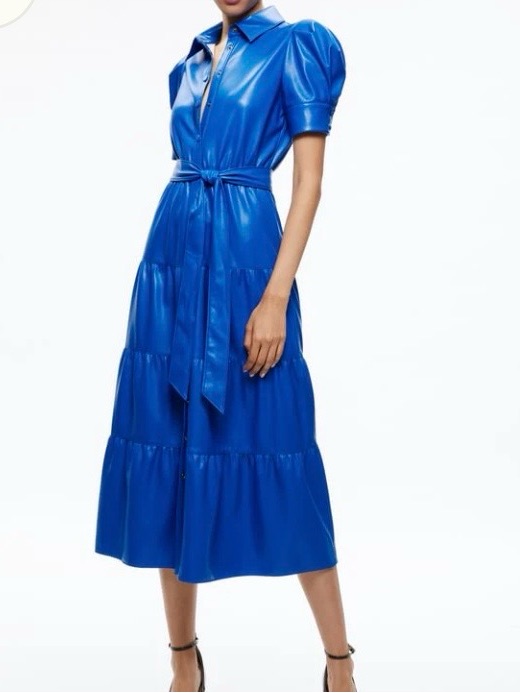 Alice + Olivia Miranda Vegan Leather Tiered Midi Dress Sapphire Blue Puff Sl 4